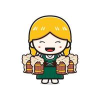 Cute woman holding beer oktoberfest celebration poster cartoon icon illustration vector