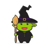 lindo duende usar traje de bruja celebración de halloween mascota personaje dibujos animados icono ilustración vector