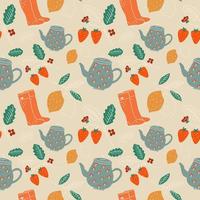 Seamless pattern. Autumn set kettle, lemon, rubber boots. Hygge. Vector in cartoon style.