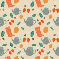 Seamless pattern. Autumn set kettle, lemon, rubber boots. Hygge. Vector in cartoon style.