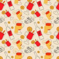 Seamless pattern. Mulled wine and spices  vector illustrations set. Winter traditional hot drink ingredients. Ginger root, oranges, star anise