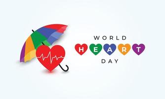 concepto de diseño de fondo de banner de redes sociales del día mundial del corazón con un corazón rojo y un paraguas colorido vector