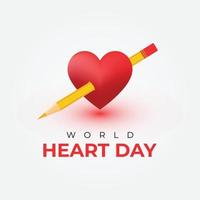 concepto de diseño de fondo de banner de redes sociales del día mundial del corazón con corazón realista y lápiz vector