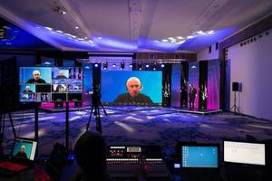 Sweden, 2022 - Live internet streaming of business conference meeting,online webinar or seminar via social network broadcast in new normal, covid outbreak,elearning. photo