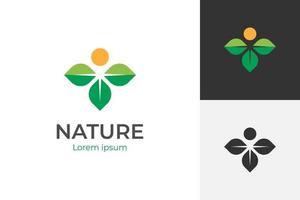 diseño de logotipo de vida saludable con personas diseño de elemento de símbolo de icono de naturaleza de hoja fresca para fitness, yoga, terapia vector