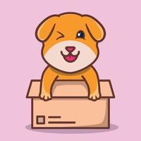 lindo perro en una caja de cartón marrón vector