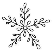 Snowflake in doodle style for winter design. Hand drawn snowflake isolated on whit background. Snowflake icon. Drawing snow. Symbol winter texture. Ice crystal ink freehand. Illustration vector