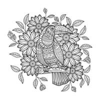 Toucan with flowers line art vector