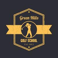 Golf school vintage logo, badge, tetragonal emblem, with girl golfer, female golf player swinging golf club, vector illustration