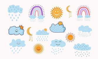 Hand drawn weather effect and rainbow or cloud,moon sun vector