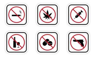 Ban Illegal Drug, Drink Alcohol, Take Pill, Smoke Cigarette, Gun Silhouette Icon Set. Danger Addiction, Warning Weapon Forbidden Zone Pictogram. Narcotic Stop Symbol. Isolated Vector Illustration.