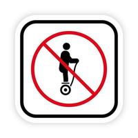 señal de hoverboard no permitida. icono de silueta negra de restricción de placa flotante eléctrica. no hay símbolo de parada roja de scooter giroscópico. pictograma de zona giroscooter de peligro de advertencia. ilustración vectorial aislada. vector