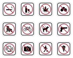 Forbidden Caution Pictogram Set. Restriction Area Ban Black Silhouette Icon Collection. Warning Red Stop Circle Symbol. Alert No Allowed Zone Sign. Prohibited Icon. Isolated Vector Illustration.