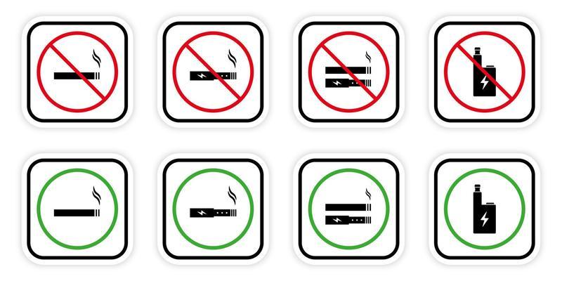 Ban Zone Smoke Drug Electronic Cigarette Nicotine Vaping Set Sign. Forbidden Smoke Area Icon. Notice No Vape Smoke Area Prohibited Pictogram. Allow Smoking Green Sign. Isolated Vector Illustration.