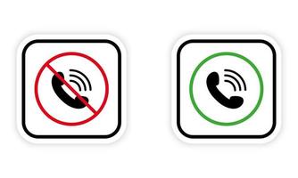 Handset Call Black Silhouette Icon Set. Accept Talk Allow Area Green Circle Symbol. Not Receive Incoming Call Mobile Phone Red Forbidden Round Sign. Warning Keep Silence. Isolated Vector Illustration.