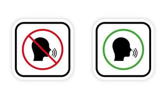 Forbidden Speak Zone Red Round Sign. Man Talk Black Silhouette Icon Set. Allowed Speak Area Shout Green Symbol. Please Keep Silence. Ban Warning No Loud Noise. Isolated Vector Illustration.