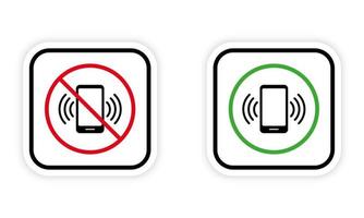 Cell Phone Ban Zone Place Red Forbidden Round Sign. Mobile Phone Call Black Silhouette Icon Set. Use Smartphone Allowed Area Green Symbol. Warning Please Do Not Speak. Isolated Vector Illustration.