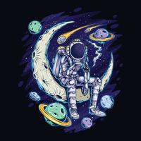 astronauta sentado en la luna en el espacio mientras fuma vector