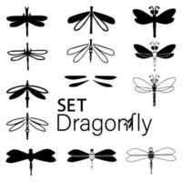 Collection of black dragonfly silhouette isolated on white background vector illustration