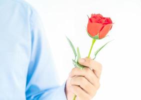 Man holding red rose in hand on white photo