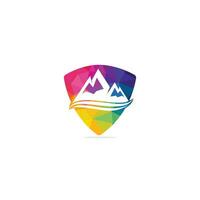 Mountain logo vector illustrations with water wave element.