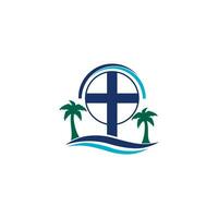 diseño del logotipo del vector de la playa cruzada de la iglesia cristiana.