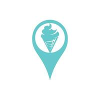 logotipo de punto de helado. composición de marcador de mapa como cono de gofre y bolas de helado. vector