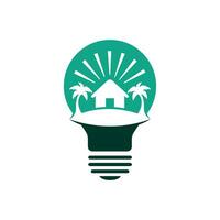 Abstract bulb lamp with beach house logo design. Nature travel innovation symbol. Tour and travel concept design. vector