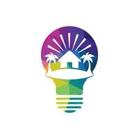 Abstract bulb lamp with beach house logo design. Nature travel innovation symbol. Tour and travel concept design. vector