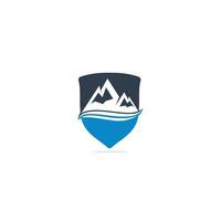 Mountain logo vector illustrations with water wave element.