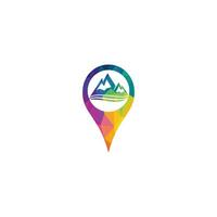 GPS mountain concept travel logo design. Vector mountain and map pointer logo combination.