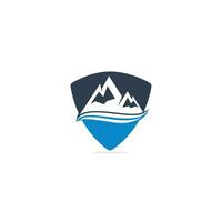 Mountain logo vector illustrations with water wave element.