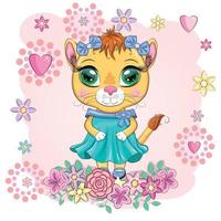 Cartoon lioness in a beautiful dress with bows and flowers. Girl character, wild animal with human traits vector