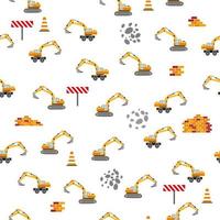Cute childish seamless pattern with yellow car dump truck, crane, concrete mixer. Construction site illustration in cartoon style vector