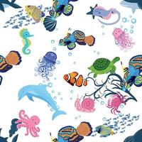 Marine life, fish, animals bright seamless pattern. sea travel, underwater diving animal tropical fish. Jellyfish, whale, shark, seahorse, clown fish, dolphin, turtle, emperor vector