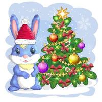 lindo conejito de dibujos animados en el sombrero de santa cerca del árbol de navidad decorado. invierno 2023, navidad y año nuevo vector