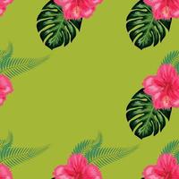 flores de hibisco tropical y ramos de hojas de palma de patrones sin fisuras vector