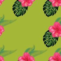 Tropical hibiscus flowers and palm leaves bouquets seamless pattern vector