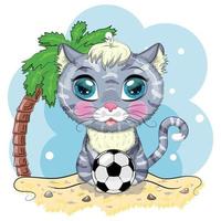 gato de dibujos animados con una pelota de fútbol. vacaciones de verano. lindo personaje infantil, símbolo del nuevo año chino 2023 vector