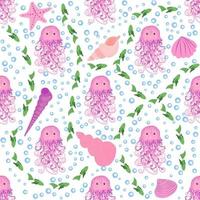 Seamless pattern with detailed transparent jellyfish. Childish seamless pattern with cute hand drawn fishes and jellyfishes in doodle style. Trendy nursery background vector