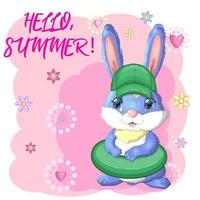 Cute rabbit, hare in a summer hat and swim ring, flippers. Beach, holiday, vacation concept. Symbol of 2023. vector