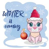 Cute cartoon cat in a Santa hat on a background of snow. Winter 2023, Christmas and Chinese New Year. vector