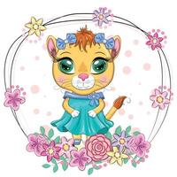 Cartoon lioness in a beautiful dress with bows and flowers. Girl character, wild animal with human traits vector