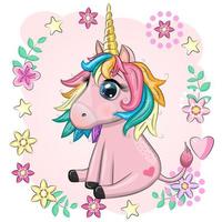 Pink unicorn pony sitting. Cute baby card, baby girl with big eyes vector