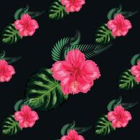 Seamless pattern with tropical leaves, hibiscus flowers vector