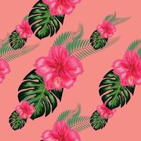 Seamless pattern with tropical leaves, hibiscus flowers vector