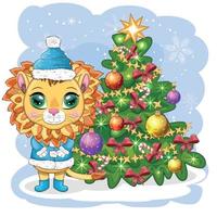 Merry Christmas and Happy New year. Funny lion in red hat with gift in cartoon style. Greeting card. vector