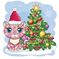 Cute cartoon cat in Santa's hat near the decorated Christmas tree. Winter 2023, Christmas and Chinese New vector