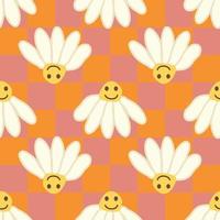 Retro Smile Chamomile Seamless Pattern on 1970 Wavy Swirl Seamless Pattern. Hippie Aesthetic. vector