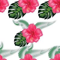 patrones sin fisuras con hojas tropicales, flores de hibisco vector